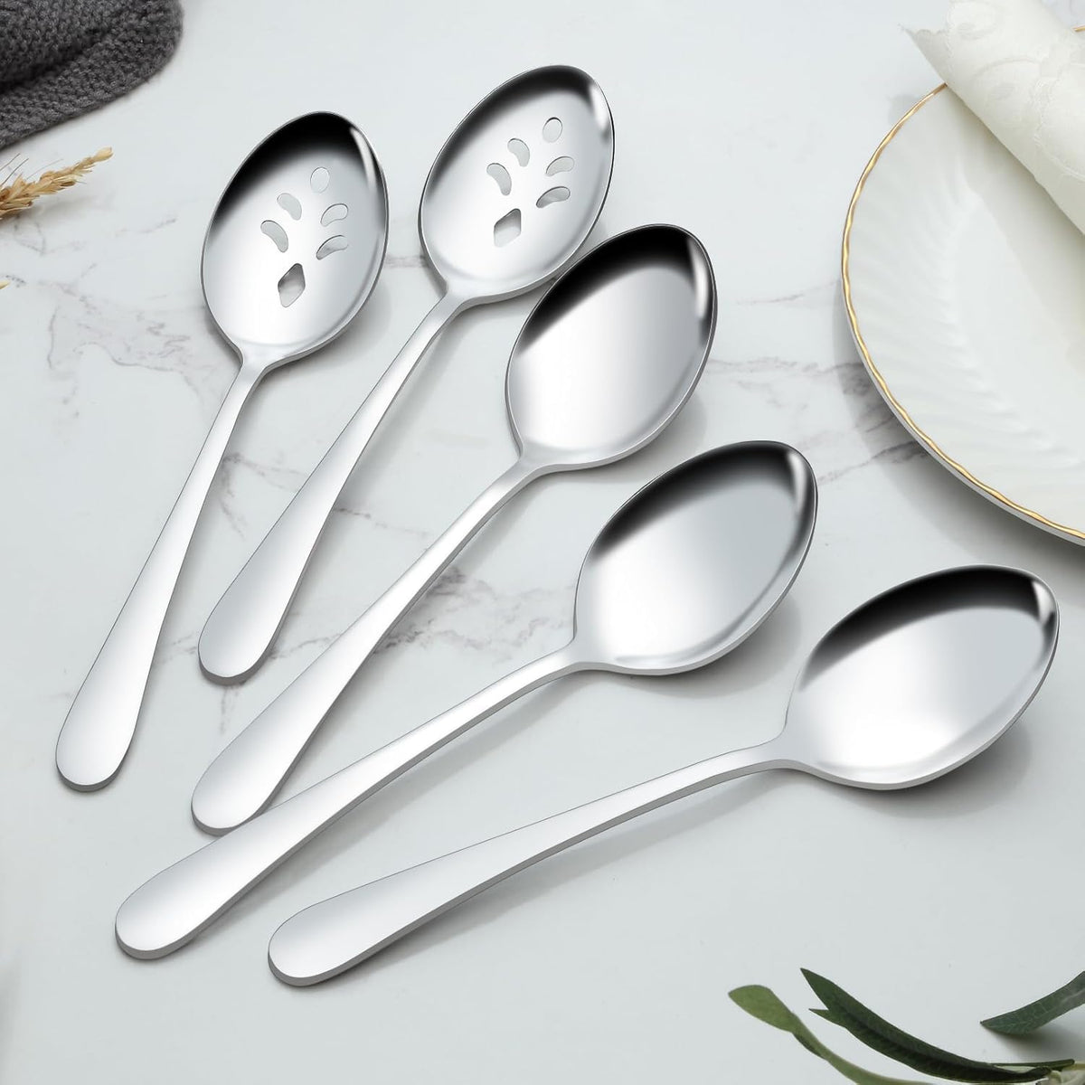 BEWOS 16-Piece Serving Spoons Set - Set of 8 Serving Spoons, Set of 8 Slotted Spoons, 9.1-Inch Utensils Set for Parties, Stainless Steel, Dishwasher Safe, Large Spoon For Buffet