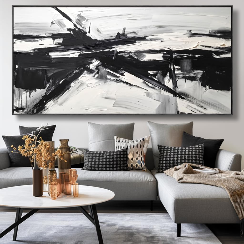 Wall Art Abstract Canvas Painting Black and White Modern Artwork for Living Room Bedroom Dining Room Home Office Decor 20"x40" with Framed