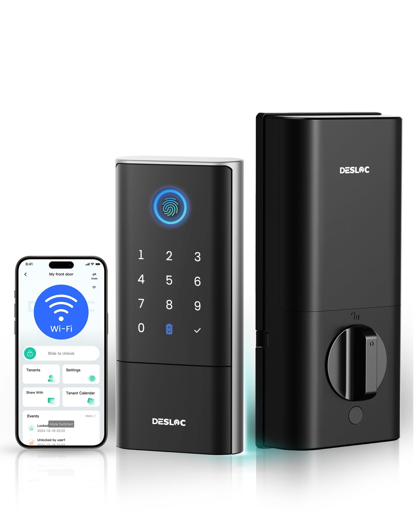 DESLOC Smart Lock K120 with GPT 3D Fingerprint, 15,000mAh Battery (Up to 16 Months), Keyless Entry Door Lock with Built-in WiFi, IP65 BHMA Grade 3 Deadbolt for Home, Rental & Airbnb, Black