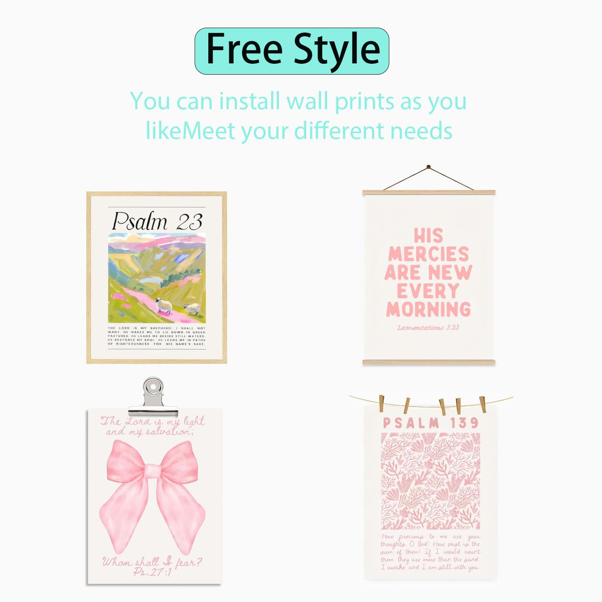 Pink Christian Posters Wall Art Set of 6 Bible Verse Canvas Wall Decor Religious Pictures Prints Scripture Bundle Bow Artwork Girls Room Trendy Preppy Painting Home Decoration 8x10 Inch Unframed