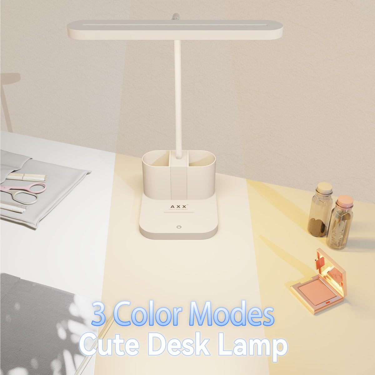AXX White Desk Lamp for College Dorm Room, Cute, LED, Dimmable, Small, Pen Holder, Flexible Gooseneck, Touch Control, Table Lights for Home Office Bedrooms, School Essentials for Girls Guys
