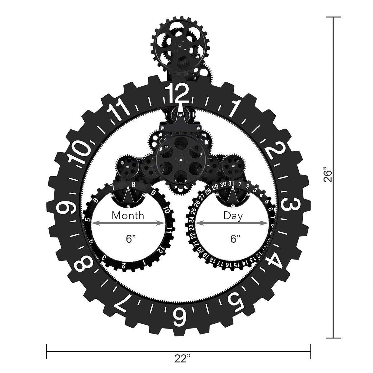 SHISEDECO Hour and Days Display Design Premium Plastic 3D Moving Large Gear Wheel Wall Clock, Perfect for Living Room, Reading-Room, Restaurant, Office Decor (B-Black)