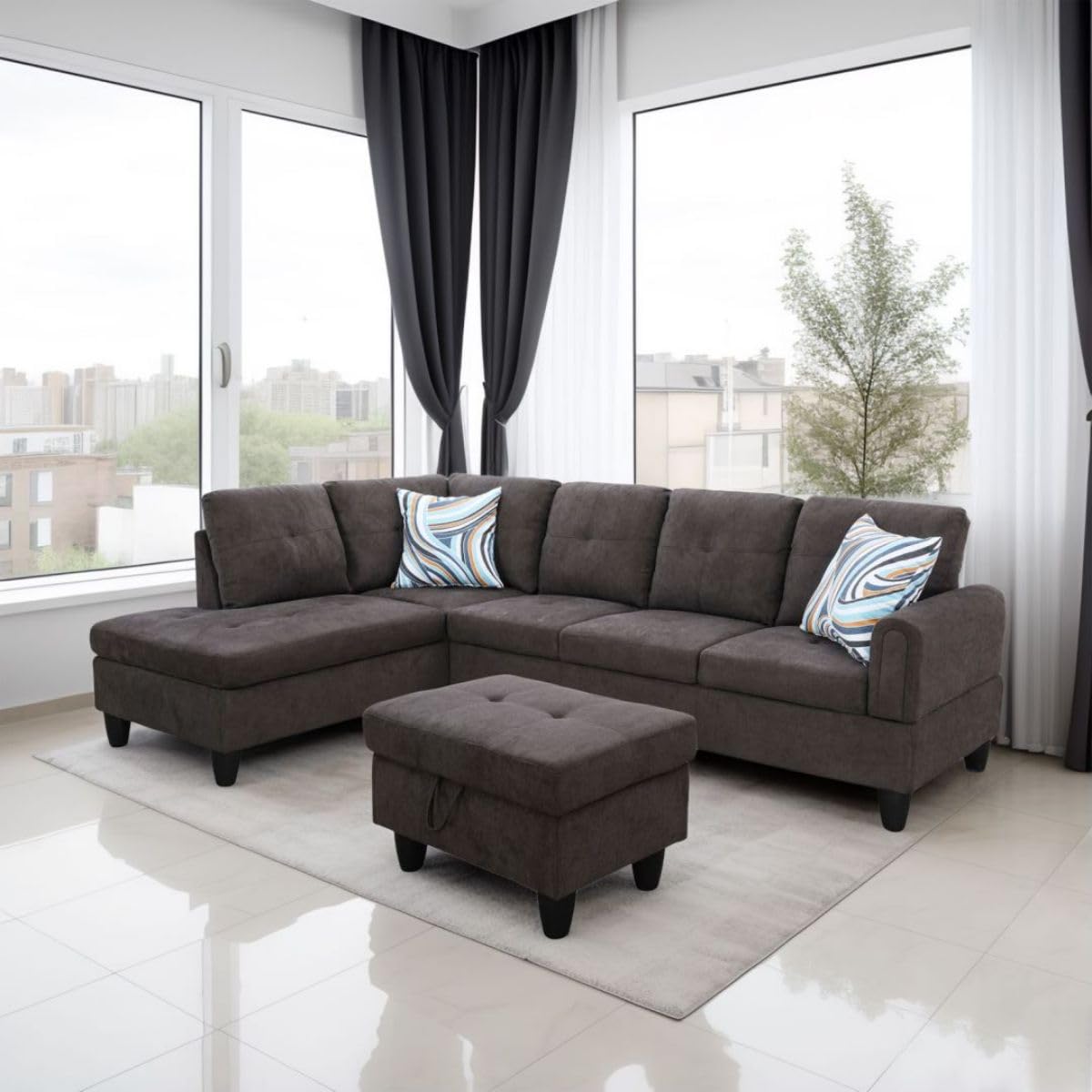 UOCFYK Dark Brown L-Shaped 3-Piece Flannel Sofa with Storage Ottoman Set, Sectional Couch Sofa Set for Living Room, Office, Small Space