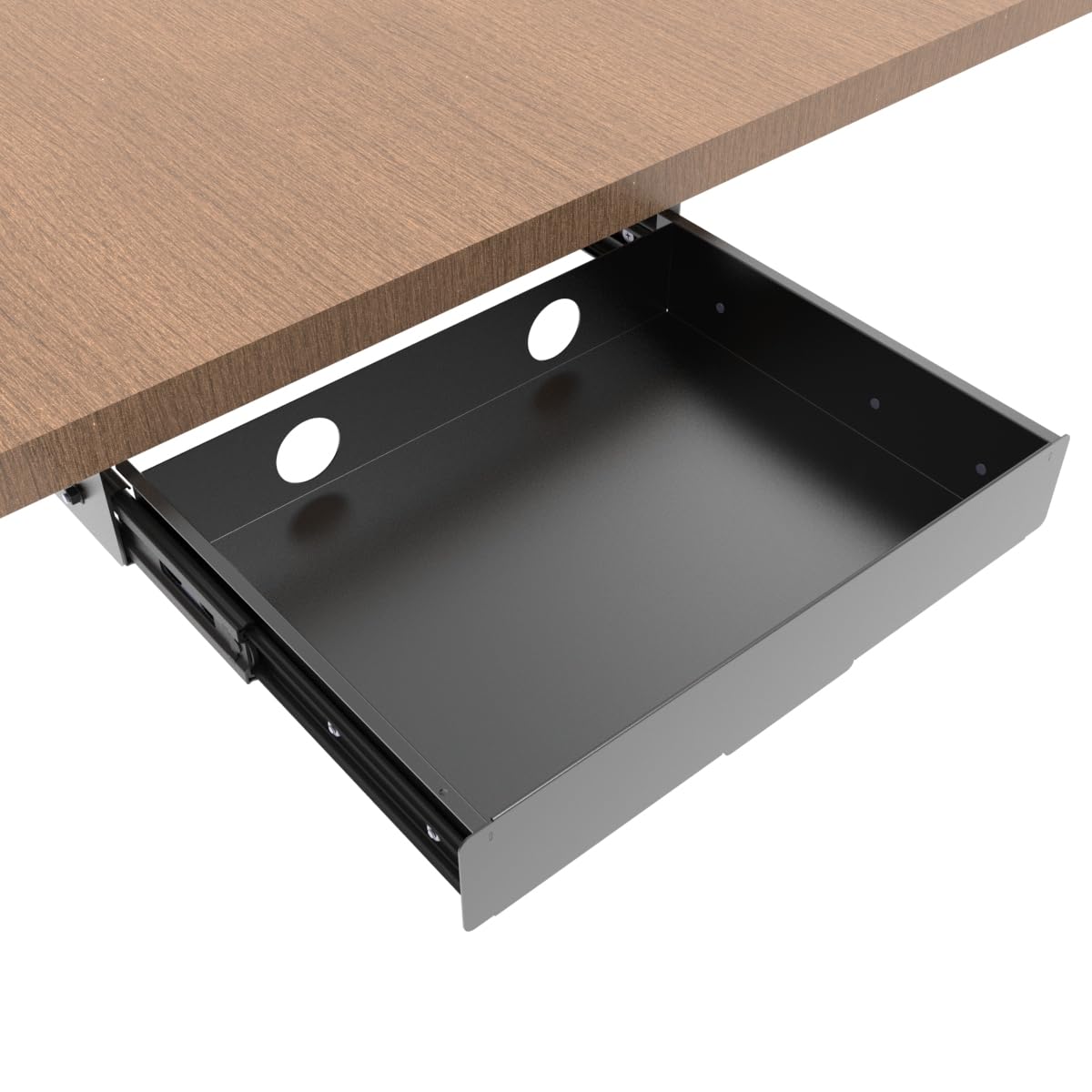 Mofangtech Under Desk Mounted Slide out Drawer, W 13.4" x D 9.3" Storage Organizer with Cable Management，Pull Out Add-On Storage for Office & Standing Desks with High Crossbar, Metal, Black (Medium)