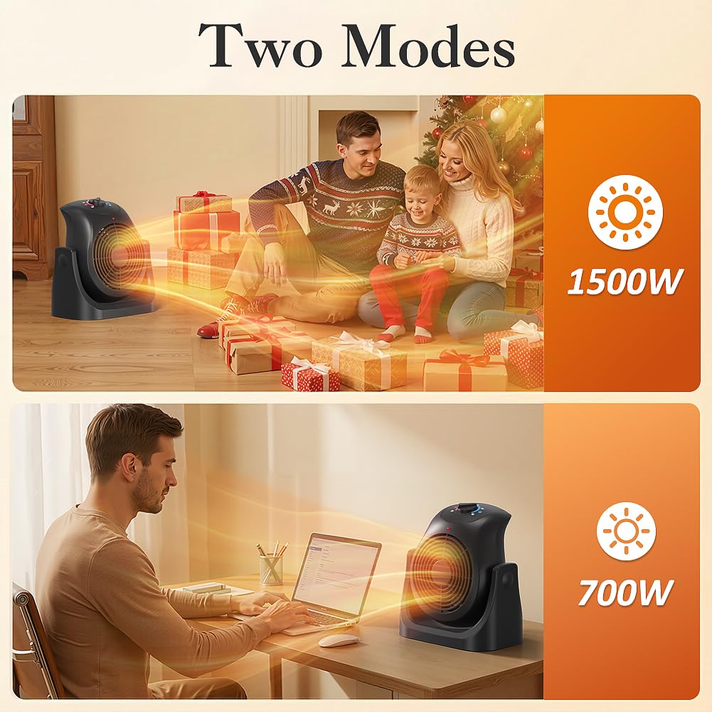 2 in 1 Heater Fan Combo, Portable Space Heater Cooling Desk Fan, Air Circulator Fan 45° Tilt, 2 Wind Speeds, 1500W Overheat Protection Personal Small for Home Office Black