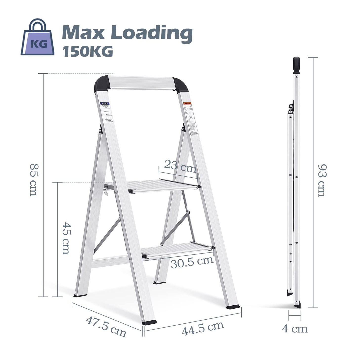 KINGRACK Aluminium 2 Step Ladder, Lightweight Step Stool with Non-Slip Pedals, Handrail, 330LBS Foldable Step Ladder for Kitchen, Garage, Home, Space Saving, Sturdy and Portable, Silver