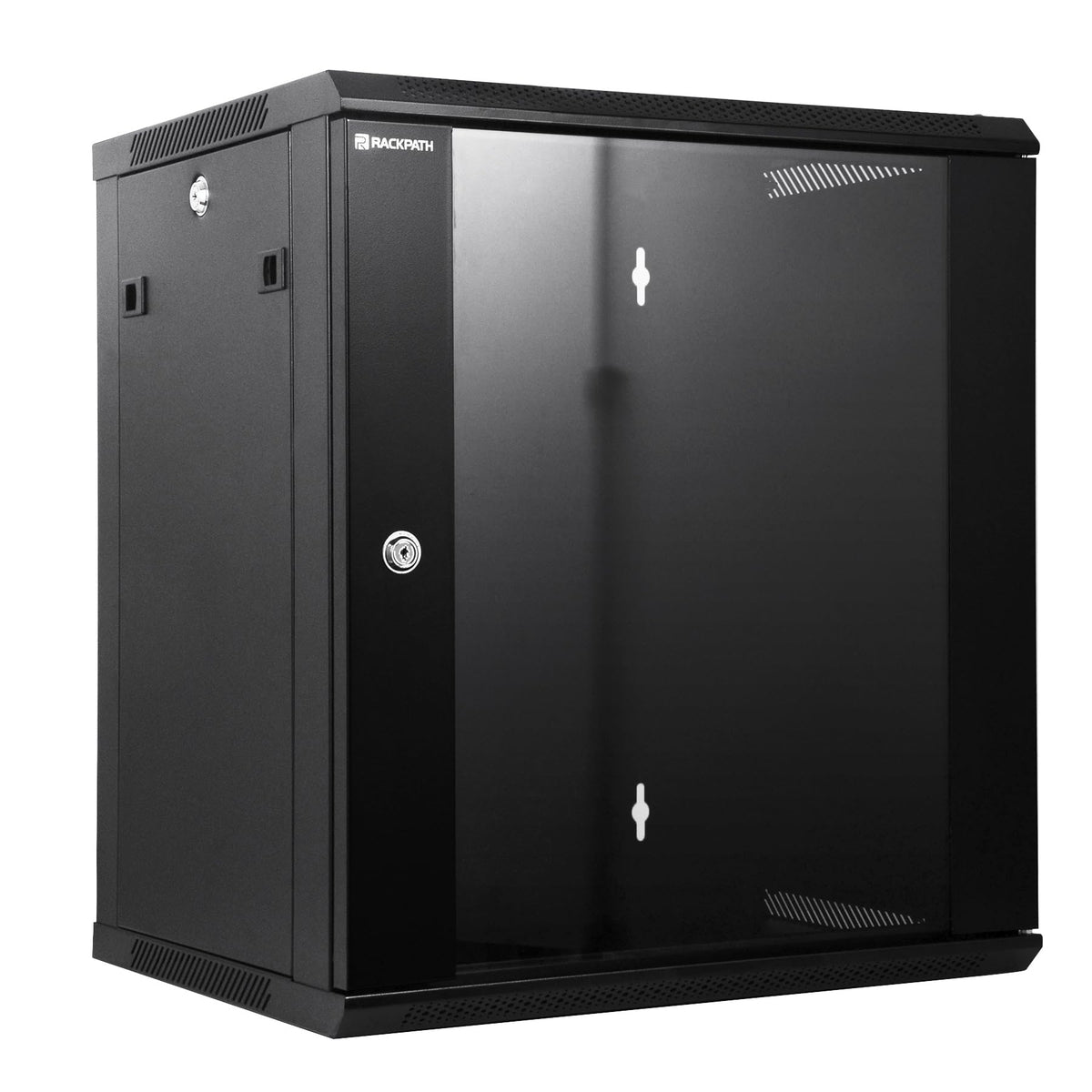 RackPath 12U Wall Mount Network Rack Cabinet – Quiet Cooling Fan, Locking Glass Door, 17.7" Deep (450mm), Removable Locking Side Panels, Fits 19" IT & A/V Equipment