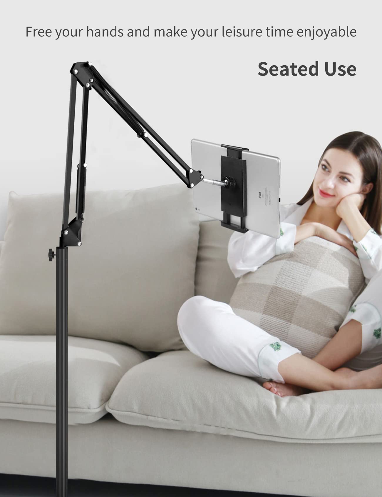 BluuSuuk Tablet Floor Stand with Double Weight Base, Overhead Bed Phone Mount Height Adjustable Arm Stretchable Stand Holder, Compatible with iPad Mini Air Pro, Galaxy Tab, Kindle, Switch, Cell Phones