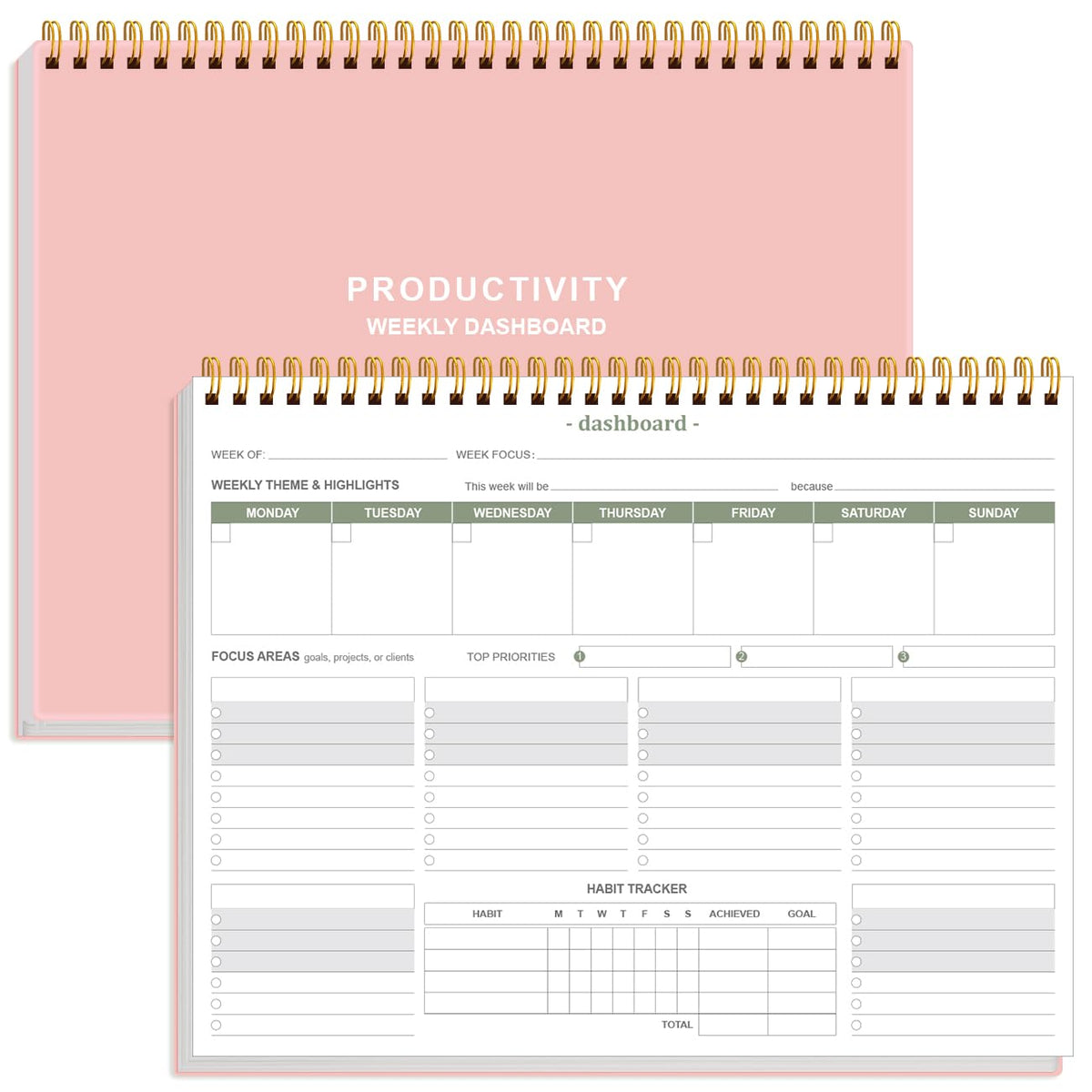 Weekly Productivity Dashboard - 8.5" x 11" Dashboard Desk Notepad Has 6 Focus Areas to List Tasks for Goals, Projects, Clients, Academic or Meal-Organize Your Daily Work Efficiently, 54 Weeks, Light Pink