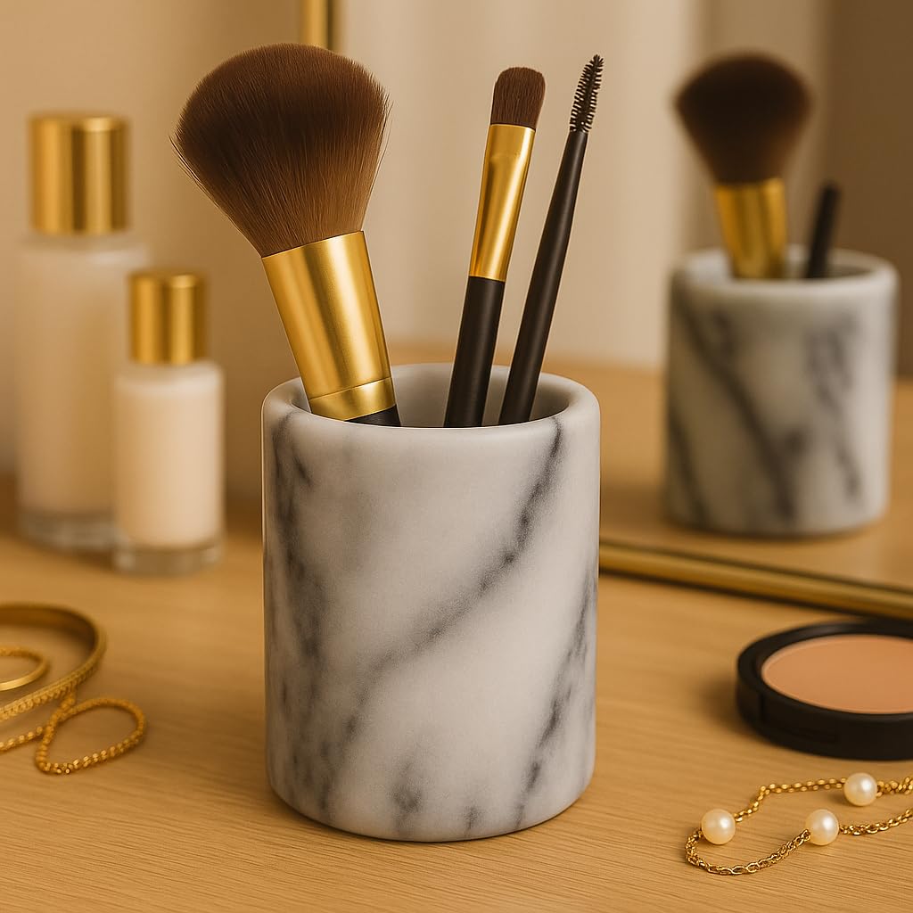 Luxury Hand-Carved Natural Marble Toothbrush & Makeup Brush Holder – Heavy-Duty Taiwan Yushan Stone for Bathroom, Vanity, Office & Desk Organizer (3.3” x 4.5”, Off-White)