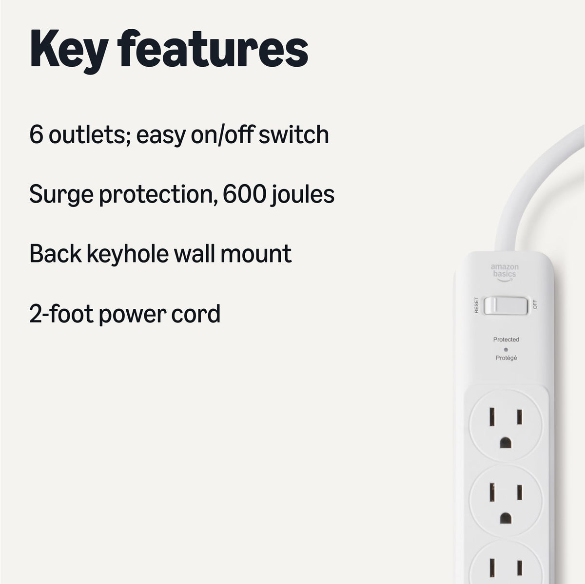 Amazon Basics Rectangle 6-Outlet Surge Protector Power Strip with Circuit Breaker, 600 Joule, 2ft Cord, White, 2-Pack