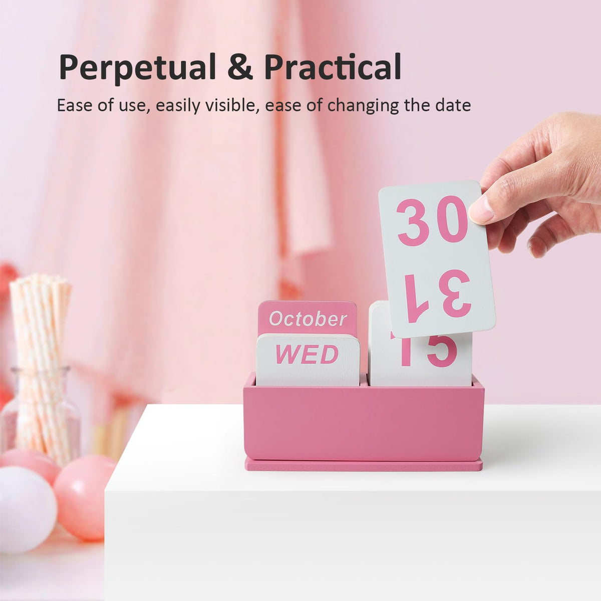 DEERINE Wooden Block Perpetual Calendar for Desk, Daily Desktop Standing Flip Calendar with Large Display, Modern Farmhouse Aesthetic Desk Accessories for Home Office Decor, Reusable Yearly, Pink