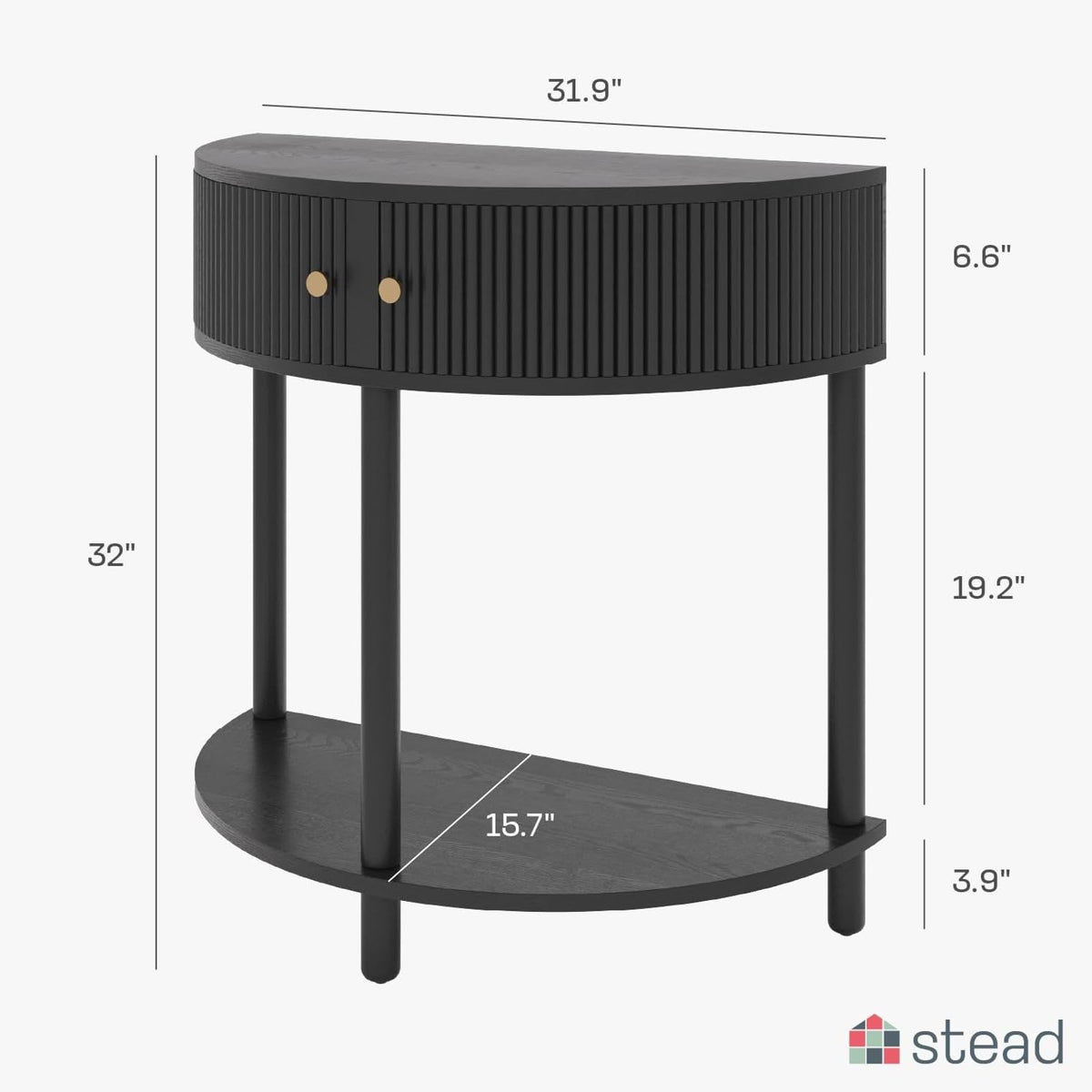 Stead Entryway Table Fluted Half Moon Console - Semicircular, Black Oak Veneer - Hidden Storage with Two Fluted Doors & Brass Knobs - Modern Narrow Console Table for Living Room & Hallway