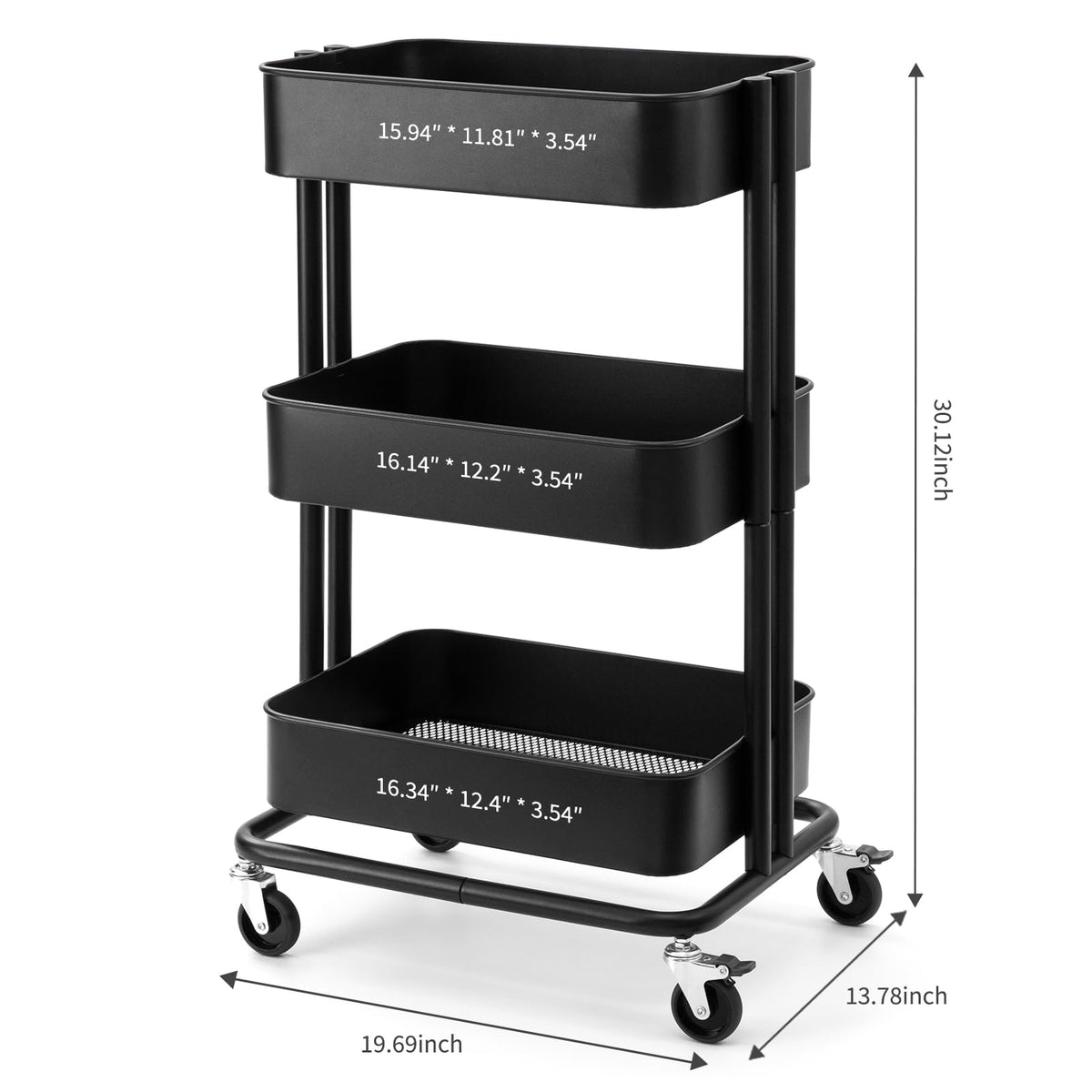CARTTECH 3 Tier Rolling Cart Metal Heavy Duty Utility Cart with Silent Caster Lockable Wheels Multi-Functional Organization Carts Storage Trolley with Mesh Shelves for Office Kitchen Living Room Black