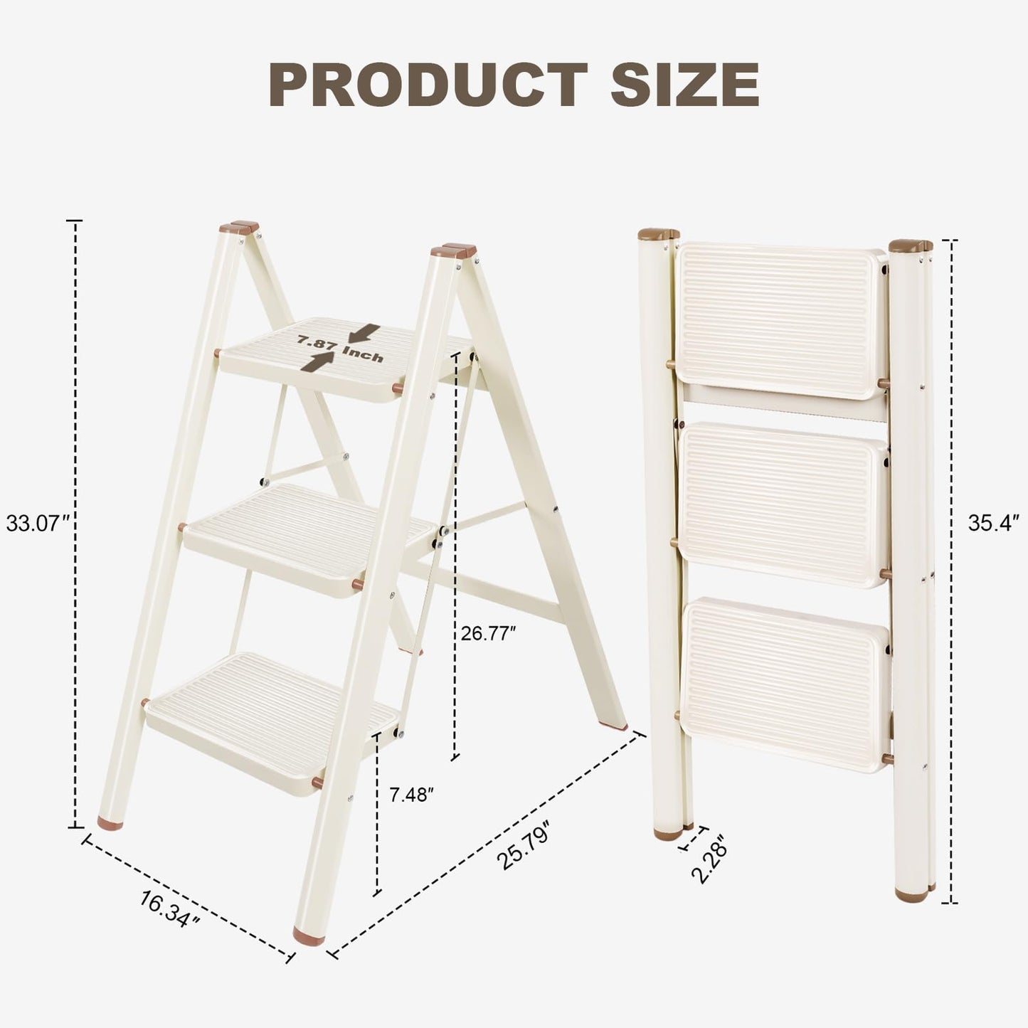 Valeo 3 Step Ladder,Lightweight Folding Step Stool with Wide Anti-Slip Pedal, 330LBS Capacity, Heavy Duty,Sturdy Iron Metal Step Stool for Home, Kitchen, Closet, Adults, Cream White