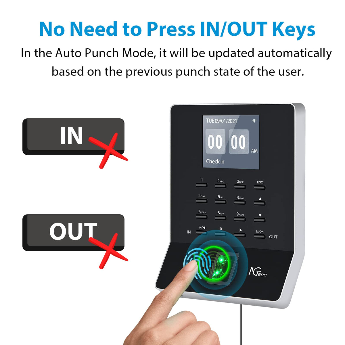 NGTeco APP Time Clock for Small Business, Fingerprint Biometric & PIN Clocking System, 2.4GHz WiFi Clocks in Machine for Employees with iOS/Android App, No Monthly Fee