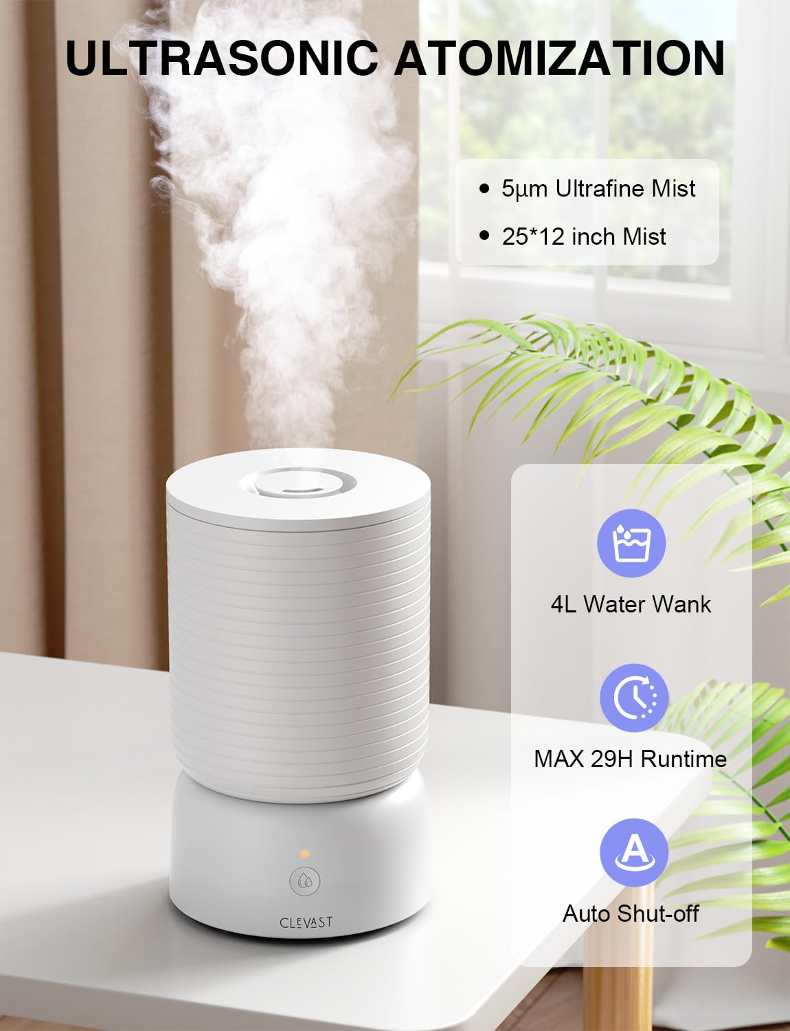 CLEVAST Humidifiers for Bedroom - Smart 1 Gal Cool Mist Top Fill Humidifier with Essential Oil Diffuser, Quiet Operation for Baby Nursery, Home, Office, Room, Compatible with Alexa/Google Assistant