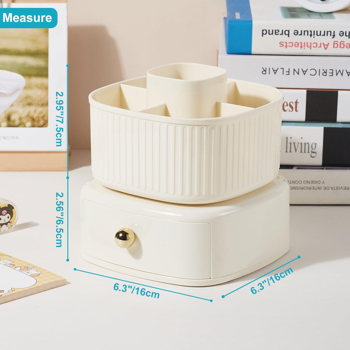 Lolocor 360 Degree Rotatable Pen Holder with Drawer, 5 Slots Office Desk Organizer Pen Holder for Desk Multi-Functional Pencil Box Desktop Stationary Organizer for Office School Home Beige