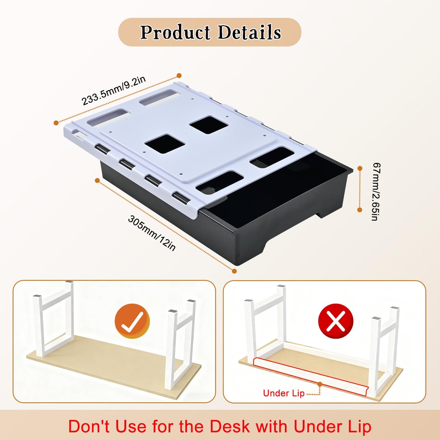 Upgraded Super Capacity 11.85 "x 8.9" Under Desk Drawer Hidden Strorage Drawer Self-Adhesive Slide Out with Smooth Gliding Motion - Attachable & Space-Saving Under Desk Organizer with Screw Kit, Black