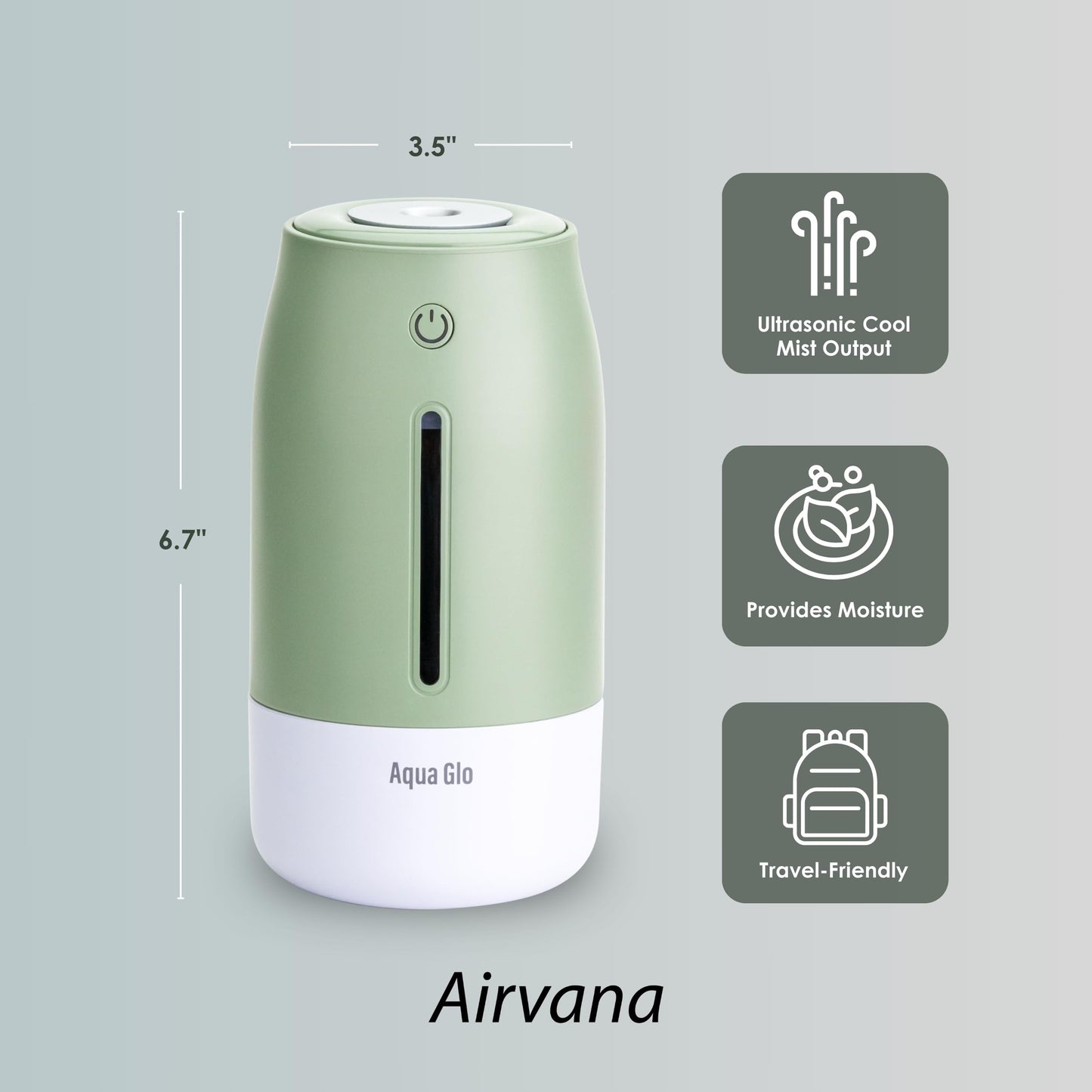 Airvana Aqua Glo Personal, Portable Humidifiers for Bedroom – Ultrasonic Cool Mist Humidifier with Built In Rechargeable Battery. Air Humidifier for Baby, Plants, Home, Office, Travel. Mint Green