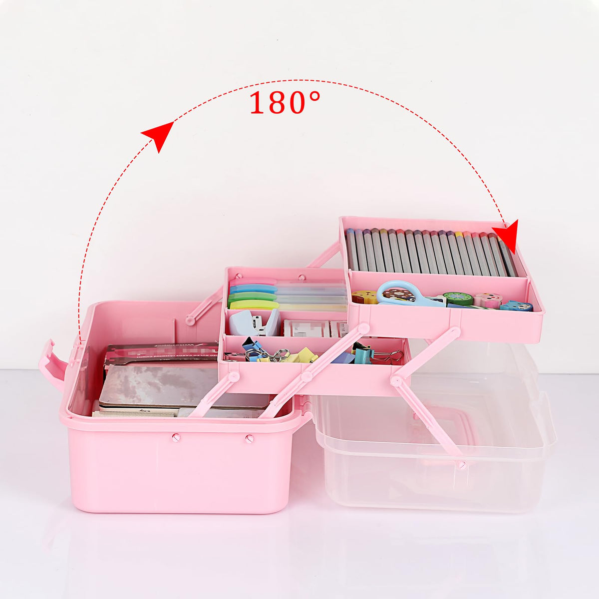 BTSKY 3-Layer Plastic Dividing Storage Box Craft Organizer and Storage with Adjustable Spacers Portable Handled Art Supply Organizer Multipurpose Home Utility Box Organizer (Pink)