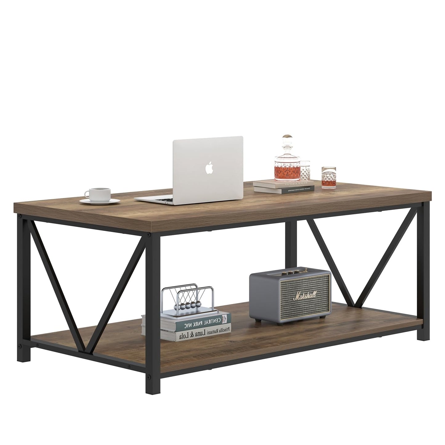 FOLUBAN Coffee Table with Storage Shelf, Modern Industrial Metal and Wood Living Room Table, Small Rectangle Cocktail Tea Table for Bedroom Home Office, Rustic Oak, 39.3 Inch