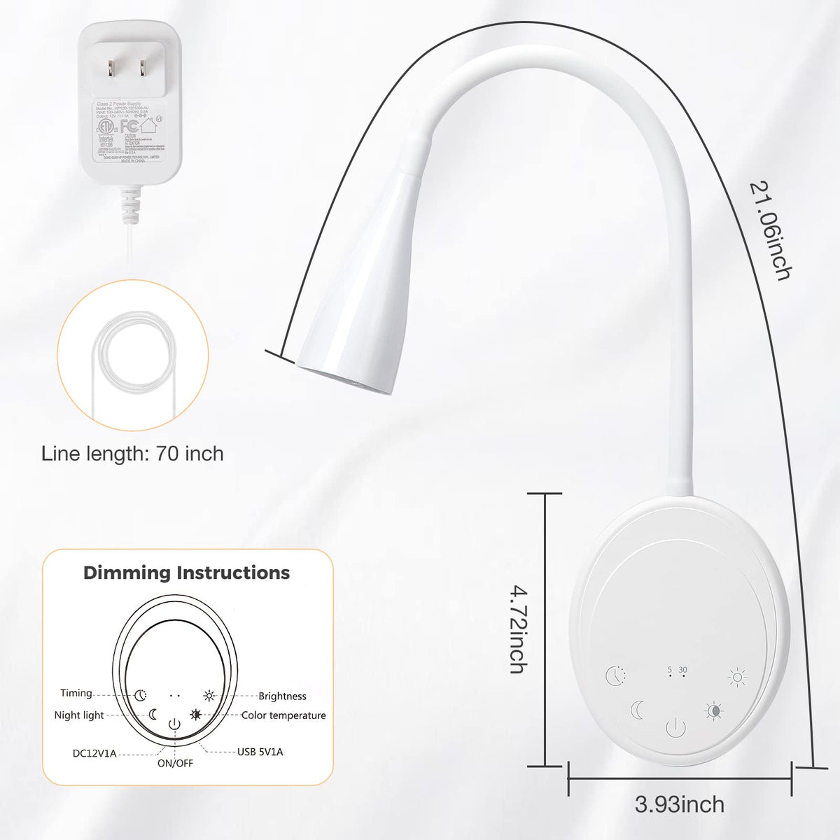 SANKEDOU LED Wall Mounted Reading Light, Book Light for Reading in Bed with Touch Control, 5 Dimmable, USB Output, Night Light & Timers Function, Flexible Gooseneck Headboard Bed Lights (White)