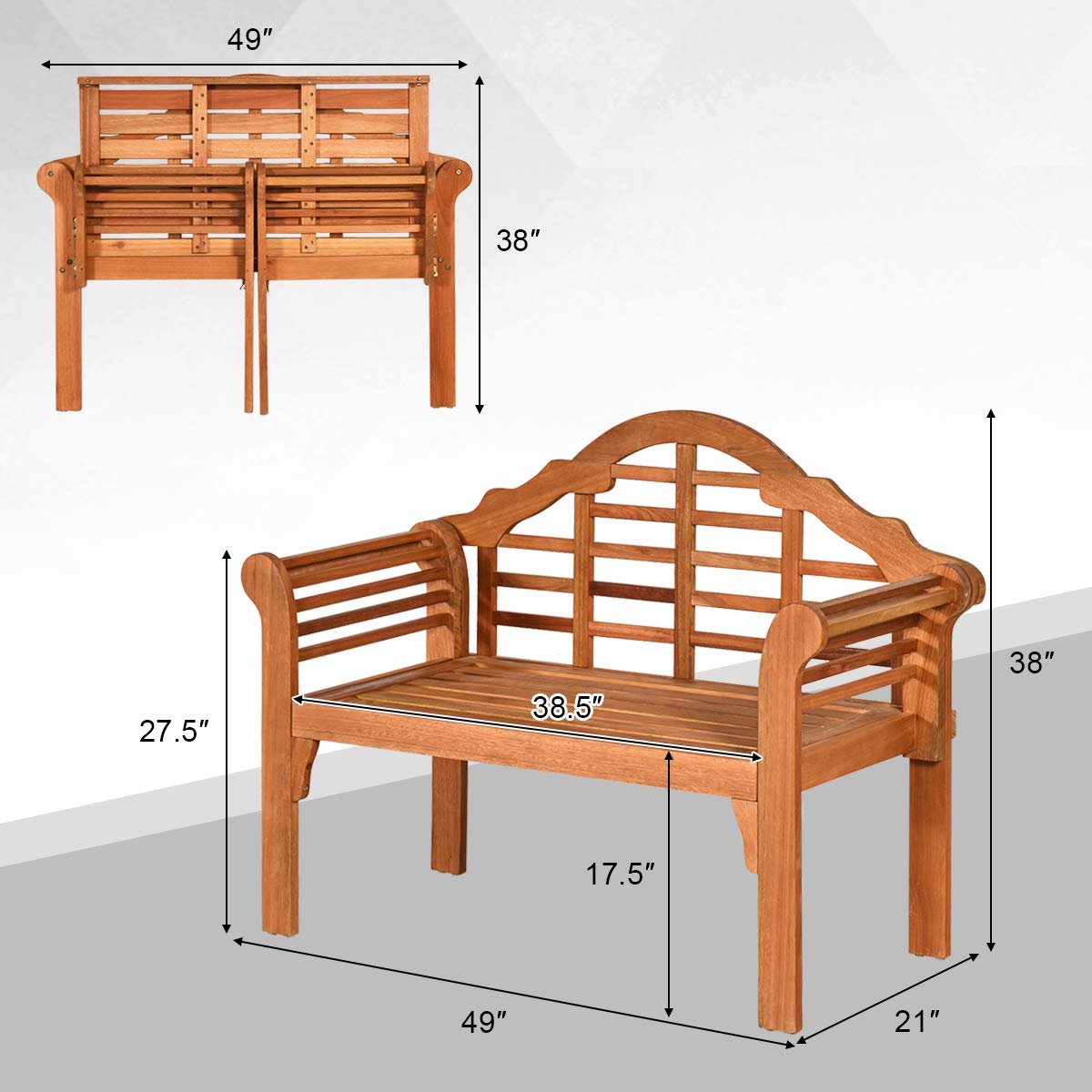 Tangkula Folding Outdoor Eucalyptus Wood Bench, 49” Large Foldable Solid Wood Garden Park Bench, 2-Person Loveseat Chair for Entryway, Deck, Porch, Poolside & Balcony