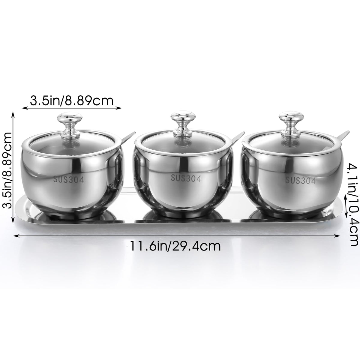 JOUTYFOR 3 Grids 304 Stainless Steel Seasoning Containers Set with Lid Spoon and Tray, Condiment Jar Spice Container, Condiment Canisters Pots for Serving Sugar, Pepper, Salt, Spice
