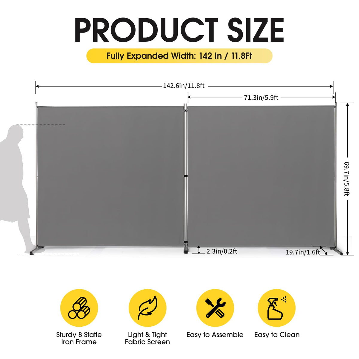 Rantila Indoor Room Divider, Portable Office Divider, Room Divider Wall Screen 2 Large Panel, Folding Partition Privacy Screen Walls Dividers for Room Separator 142" W x 71" H,Gray