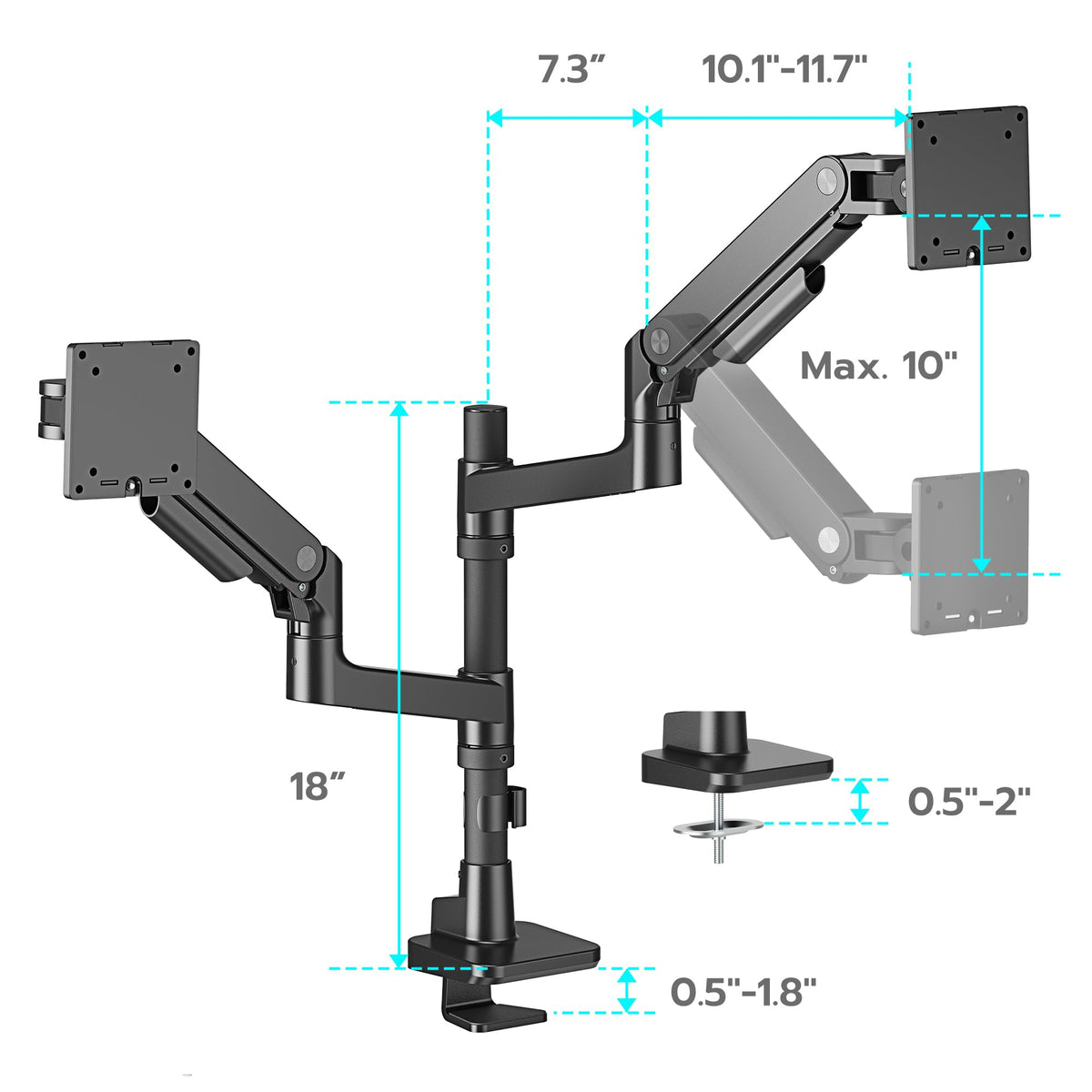 ARES WING Dual Monitor Arm Desk Mount for 17-49 Inch Ultrawide Monitors, Heavy Duty Dual Monitor Mount Holds 44 lbs, Full Motion Gas Spring Vertical Stacked Monitor Mount, 75/100 VESA Mount, Black