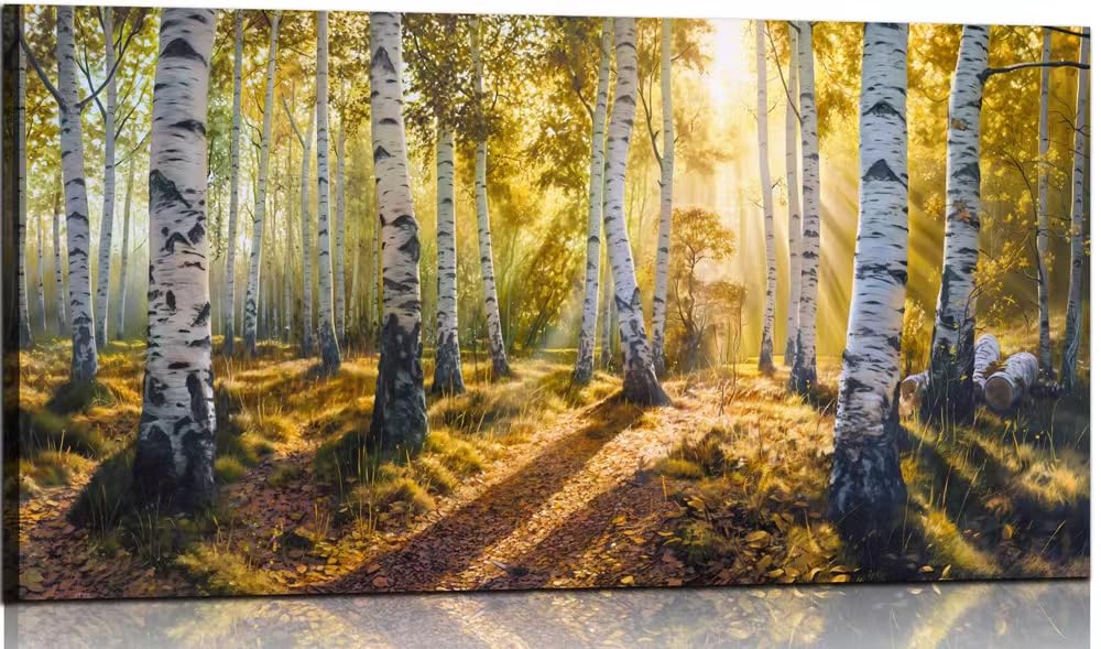 Sense&Sensitivity Arts-Green View White Birch Forest Canvas Painting Wall Art Decor Fall Artwork Modern Green Nature Artwork for Living Room Kitchen Bedroom Bathroom Office 40" x 20" Inch