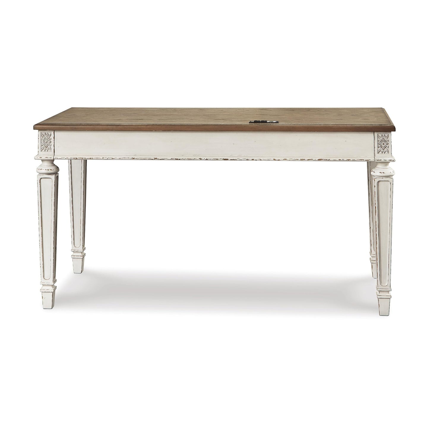 Signature Design by Ashley Realyn Farmhouse Home Office Desk, 2 Drawers, Drop-down Drawer, USB Charging, Wood, 60" W x 28" D x 31" H, Chipped White and Brown
