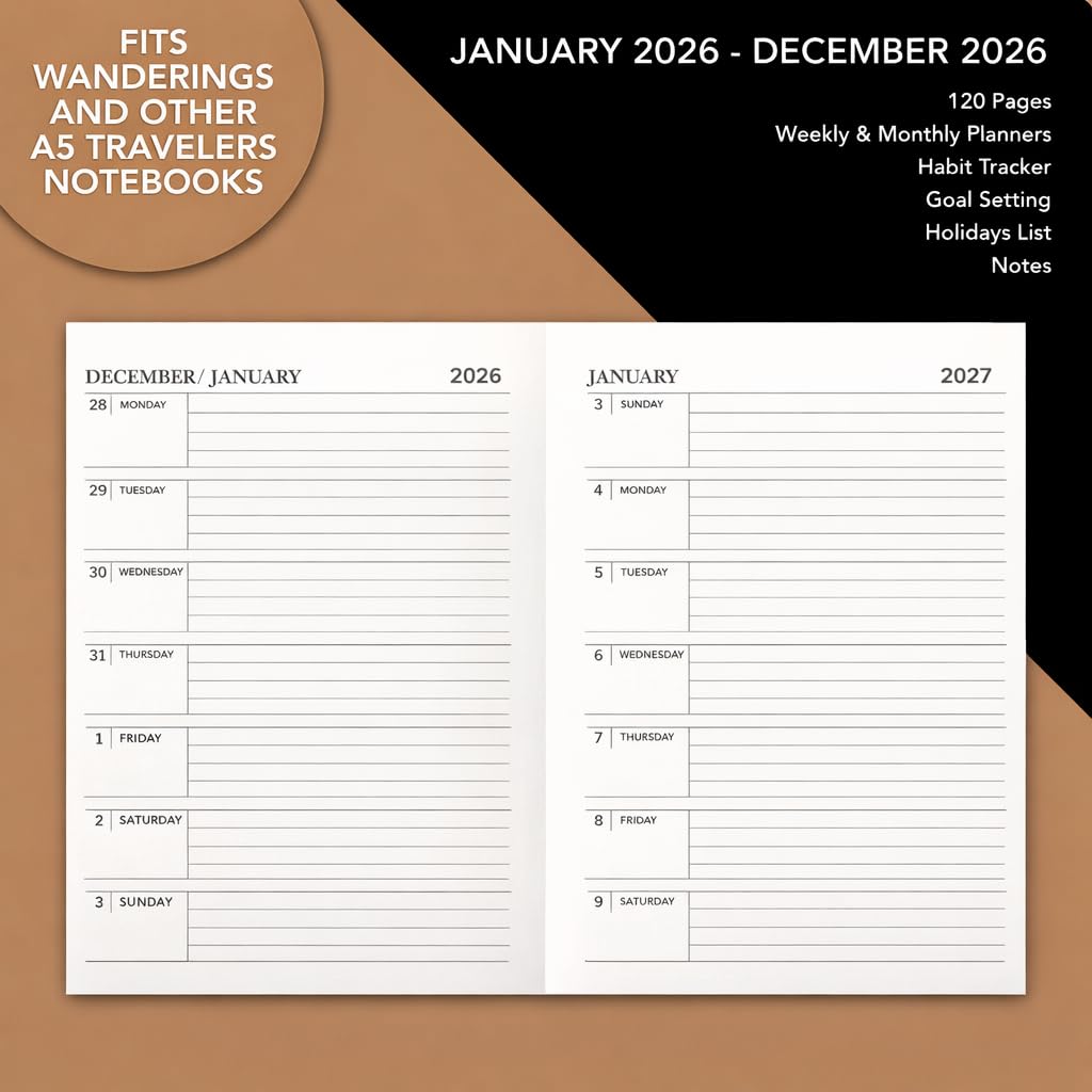 Wanderings A5 Traveler's Notebook Calendar Refill Inserts - 5.8''x 8.4'' (14.2cm x 21 cm) - January 2027 - December 2027 - A5 Calendar Planner Refills For Leather Travel Journals, Diaries and Planners