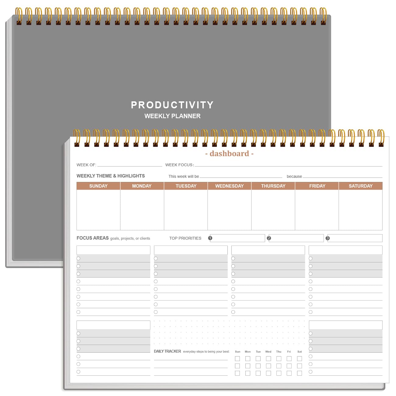 Weekly Productivity Planner - 8.5" x 11" Dashboard Desk Notepad Has 6 Focus Areas to List Tasks for Goals, Projects, Clients, Academic or Meal-Organize Your Daily Work Efficiently, 54 Weeks, Grey