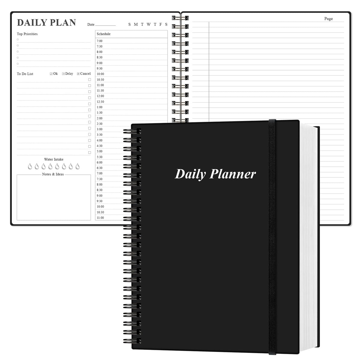 Daily Planner Undated - A4 To Do List Notebook Hourly Schedules, Spiral Appointment Planner for Women and Men,PVC Hardcover, Inner Pocket, Elastic Closure, 8.5" x 11", Black