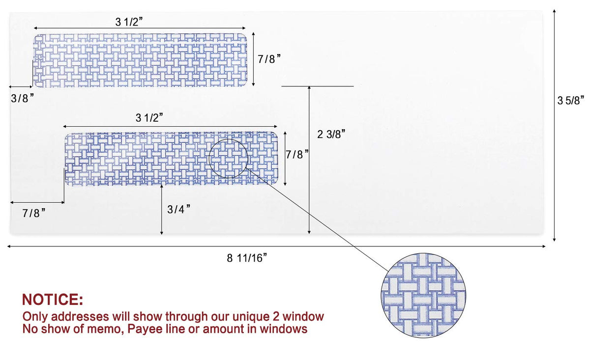 #8 Double Window Security Check Envelopes, No.8 Double Window Bussiness Envelopes Designed for QuickBooks Checks - Computer Printed Checks - 3 5/8 X 8 11/16 (NOT for INVOICES) - 24 LB - 500 PACK