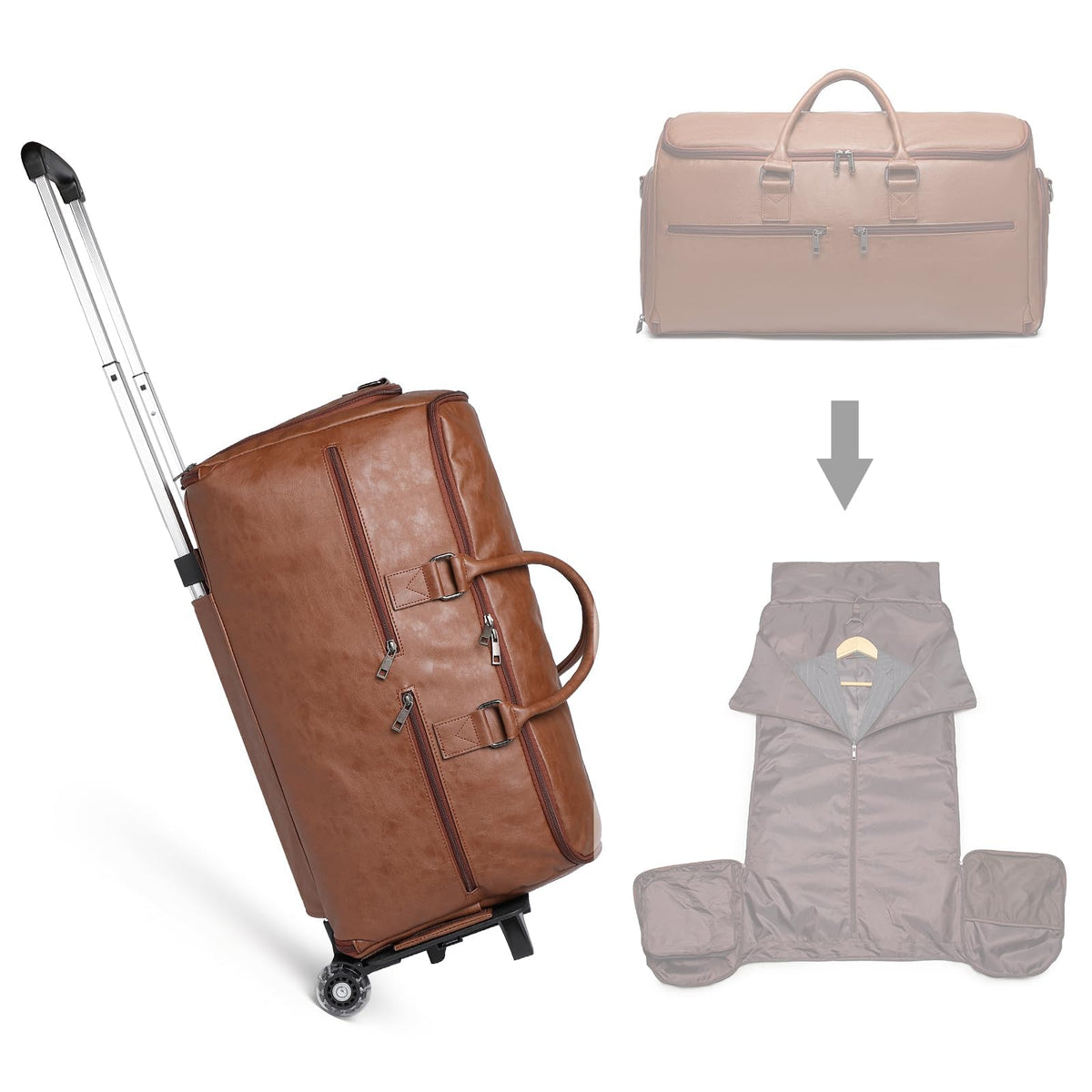 Seyfocnia Rolling Garment Bag With Wheels - Overnight Carry On Suitcase With Shoe Compartment - Convertible Duffle Bag for Travel - Brown