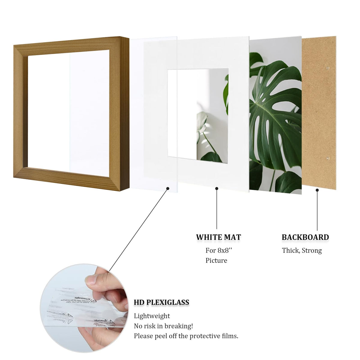 Egofine 11x11 Picture Frames 4 Pack Covered by Plexiglass, Display Pictures 8x8 with Mat or 11x11 Without Mat Made of Solid Wood for Table Top Display and Wall Mounting Photo Frame, Light Brown