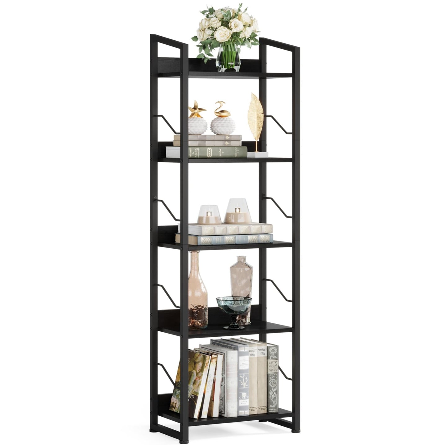 Hosfais 5 Tier Tall Bookshelf: Industrial Wood Book Shelf with Edge Protection Metal Narrow Bookshelf Bookcase Storage Organizer Display Rack for Living Room Home Office (Black)