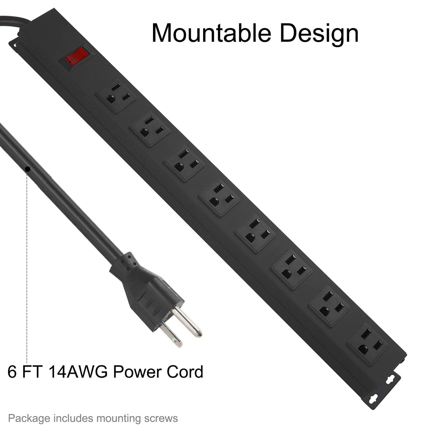 HHSOET Metal 8 Outlet Mountable Power Strip, Wall Mount Outlet Heavy Duty, Wide Spaced Commercial Shop Power Strip with Switch, 15A 125V 1875W, 6 FT SJT 14AWG Power Cord.(Black)