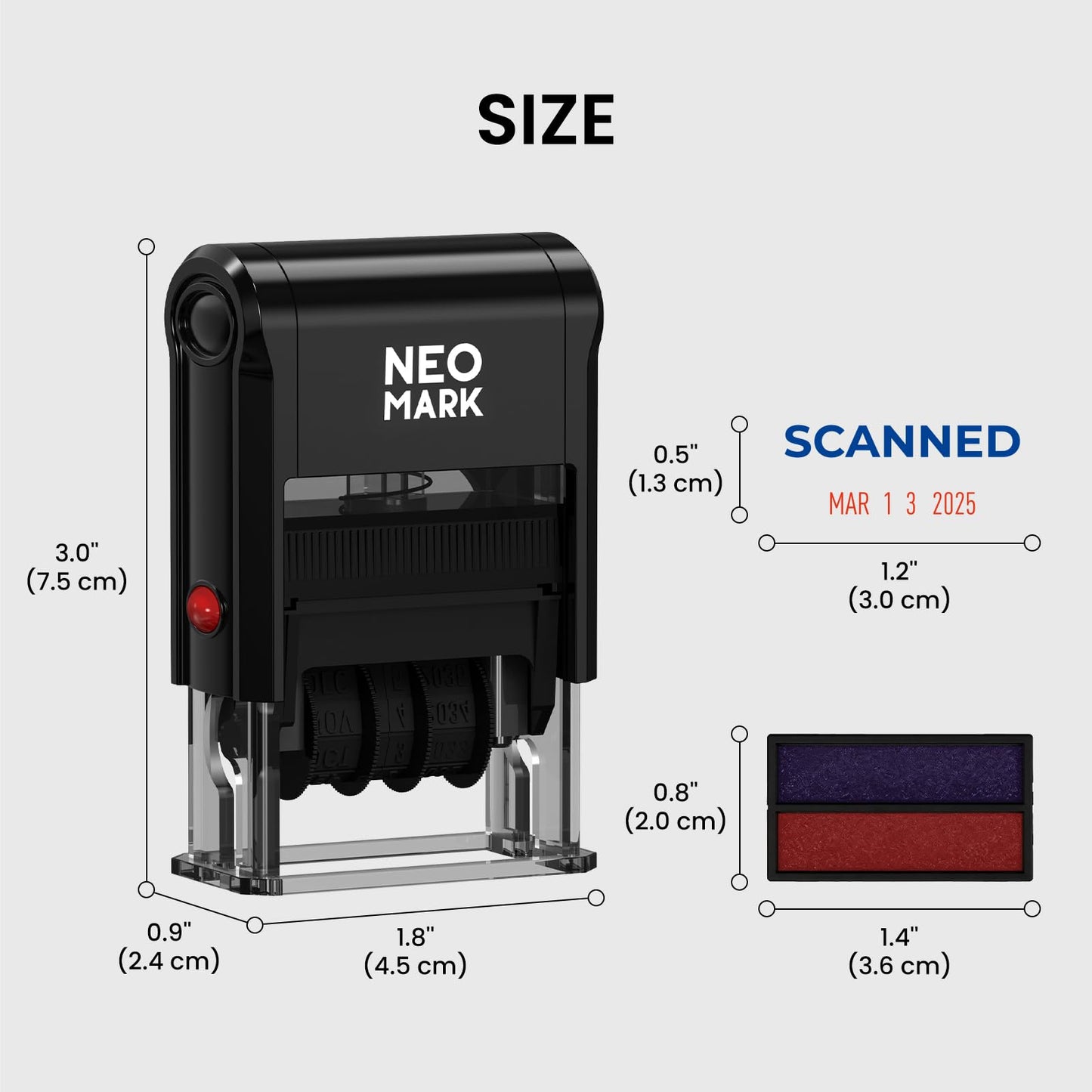 NEO MARK Self-Inking Date Office Stamp with Scanned Blue Ink & Date Red Ink, 12-Year Adjustable Rubber Dater, Ideal for Documents, Business & Accounting - with an Extra Refill Ink Pad