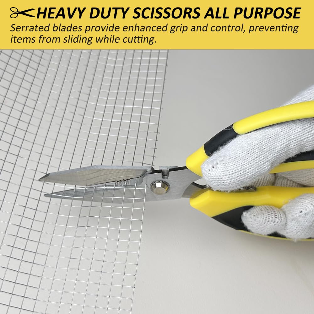 Heavy Duty Scissors, Sharp Scissors All Purpose Heavy Duty with Serrated Edge, Comfortable Non-Slip Handle, Easy Cutting Cardboard, Wires, Fabric, Leather, Iron Mesh (Yellow)