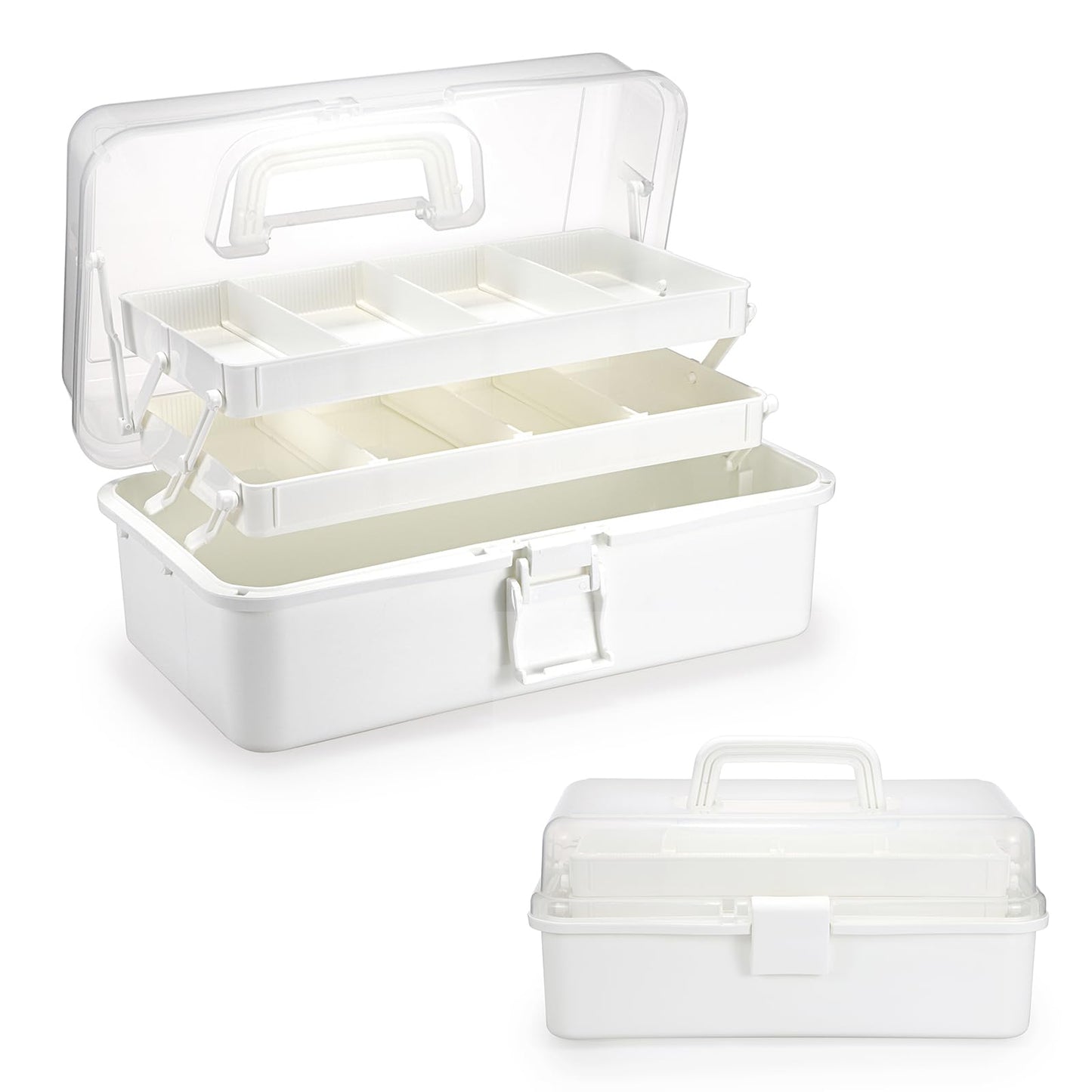 BTSKY 3-Layer Plastic Dividing Storage Box Craft Organizer with Adjustable Spacers Portable Handled Art Supply Organizer Multipurpose Home Utility Box for Medicine Box Sewing Box (Beige White)