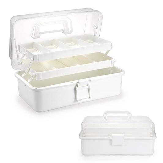 BTSKY 3-Layer Plastic Dividing Storage Box Craft Organizer with Adjustable Spacers Portable Handled Art Supply Organizer Multipurpose Home Utility Box for Medicine Box Sewing Box (Beige White)