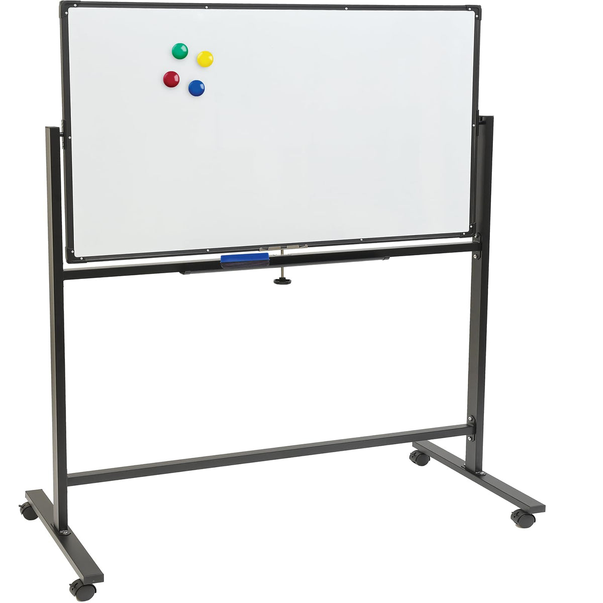 Excello Global Products Large 48"x32" White Board on Wheels: 1 Reversible Magnetic Dry Erase Board with Rolling Stand, 4 Dry Erase Markers, 1 Eraser, 4 Magnets, 1 Marker Tray (Black)