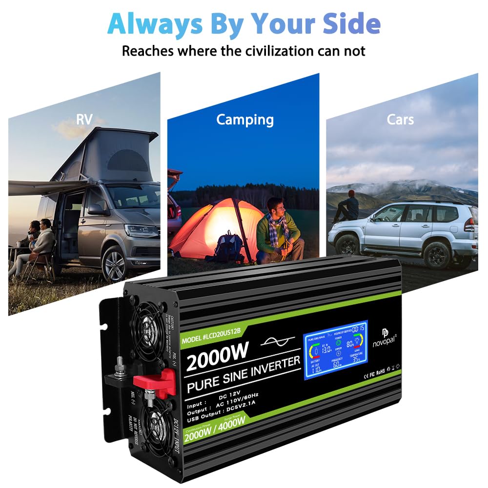 NOVOPAL 2000 Watt Pure Sine Wave Power Inverter DC 12V to AC 110V 120V Rv Inverters with 1 USB Port-16 feet Remote Control, LCD Display for Truck, Hurricane, Home