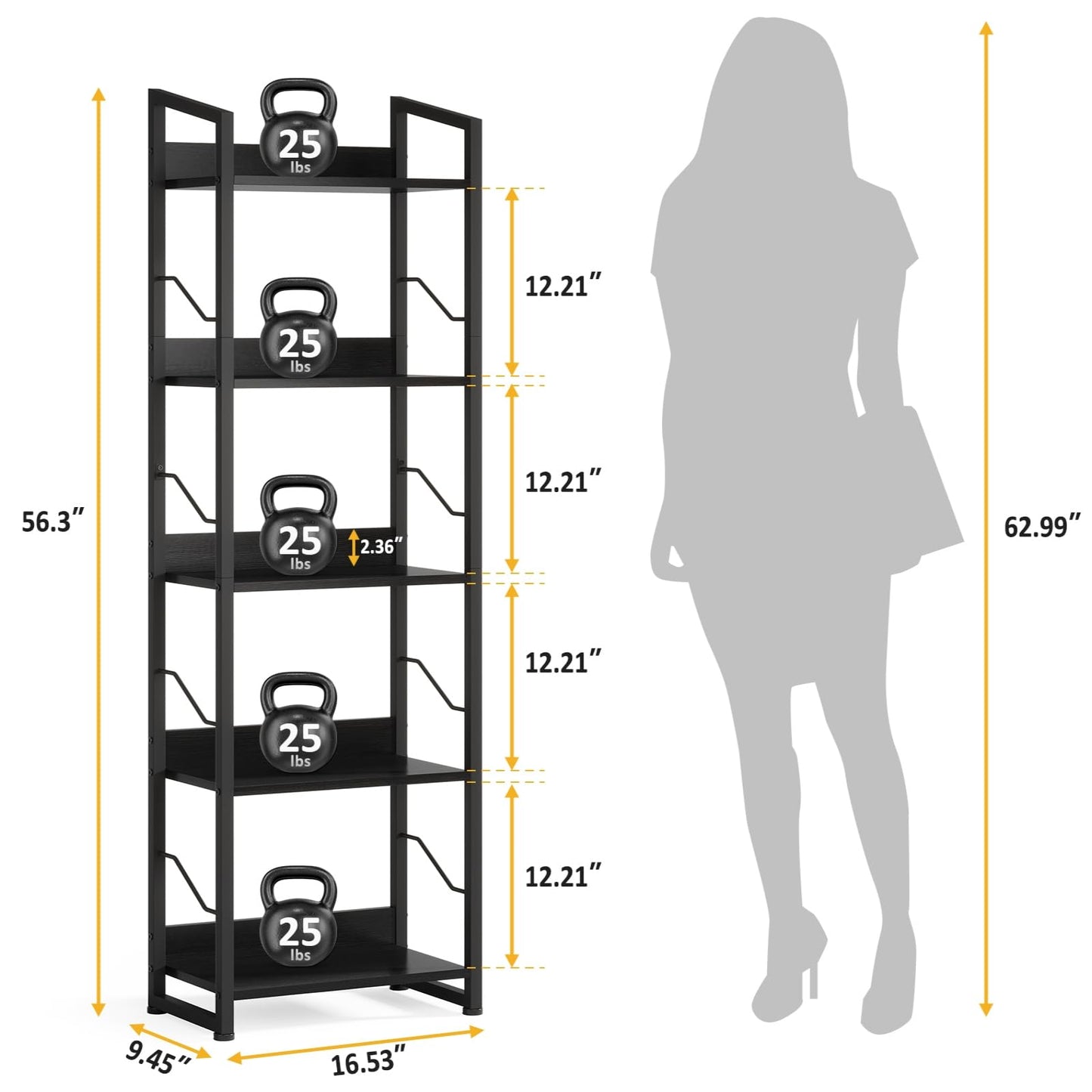 Hosfais 5 Tier Tall Bookshelf: Industrial Wood Book Shelf with Edge Protection Metal Narrow Bookshelf Bookcase Storage Organizer Display Rack for Living Room Home Office (Black)