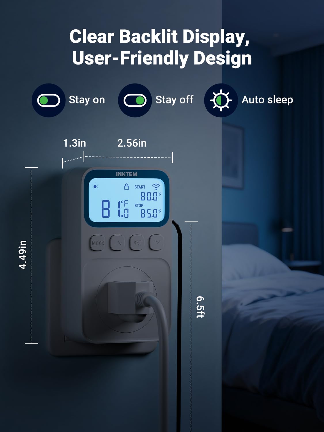 INKTEM WiFi Plug in Thermostat Outlet, Temperature Controlled Outlet with Smart APP, Timer & Memory Digital Temp Controller -40~212℉, IP67 Waterproof Probe for Incubator Homebrew Reptile Space Heater