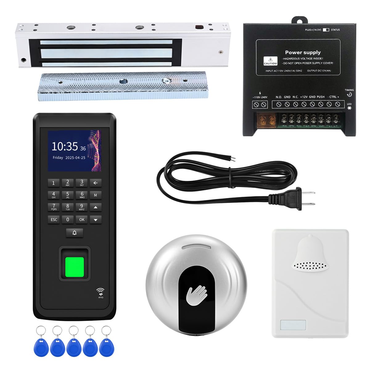 Biometric Access Control System with Fingerprint Scanner, LCD Display Keypad, RFID Card, Infrared Exit Button, 600lb Magnetic Lock - Supports 3000 Users & Attendance Tracking